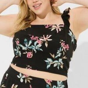 Torrid Black Floral Ruffle-Strap Tank Top